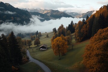 Serene Autumn Landscape in the Mountains With a Winding Road and a Cozy Cabin Surrounded by Colorful Trees