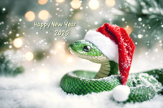 Green snake coiled in snow wearing a Santa hat with Happy New Year 2025 text, surrounded by soft glowing festive lights and a wintry atmosphere. Chinese symbol - Powered by Adobe
