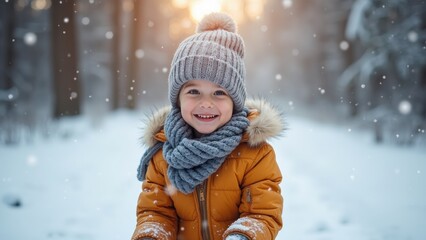 A young child wearing an orange coat and gray hat enjoys the snowy landscape, smiling joyfully amidst falling snowflakes in a tranquil forest setting