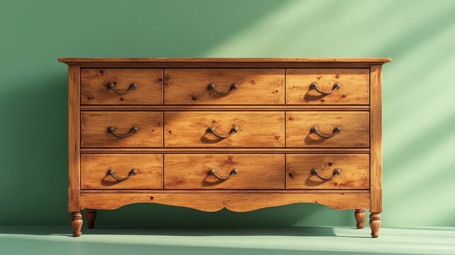 A stunning depiction of a vintage wooden dresser featuring intricately carved handles, perfect for showcasing elegance in home decor or interior design projects.