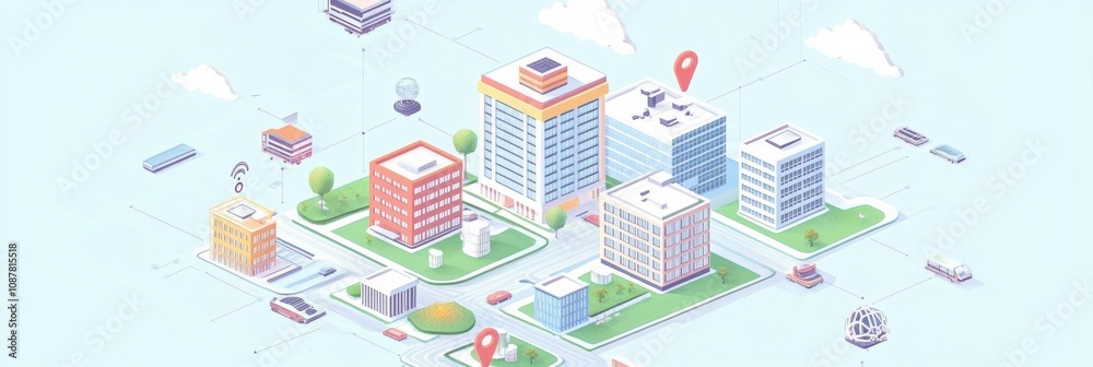 Poster buildings in a smart city are seamlessly connected through an ai network, enhancing urban infrastruc