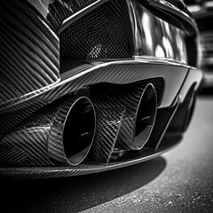 Close-up of a sleek car's carbon fiber rear with dual exhaust pipes.