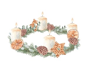 Christmas Advent Wreath with Winter plants, burning Candles and wooden Wicker star Toy. Fourth Advent. Hand drawn Illustration in rustic style isolated on white background. 