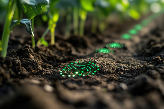 Close-up view of soil embedded IoT sensors enhancing agricultural monitoring