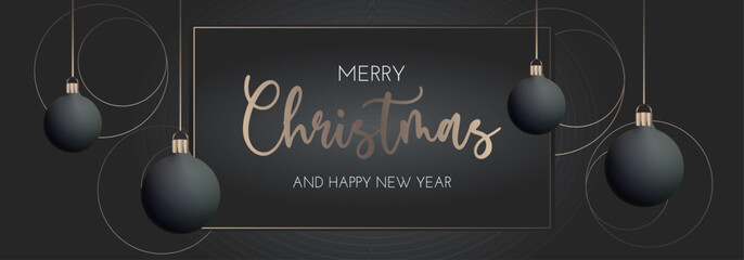 Christmas banner on black background with New Year's balls. Golden circles. Winter vector illustration, New Year poster, greeting card © Liuba