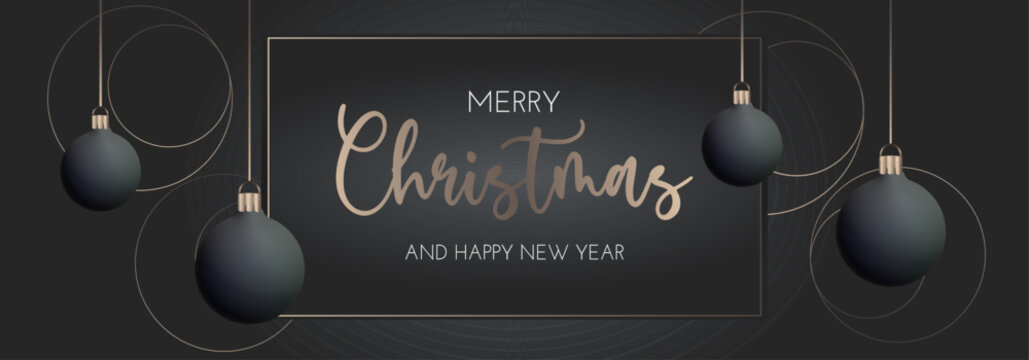 Christmas banner on black background with New Year's balls. Golden circles. Winter vector illustration, New Year poster, greeting card