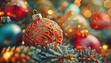 Christmas Tree With Baubles And Blurred Shiny Lights