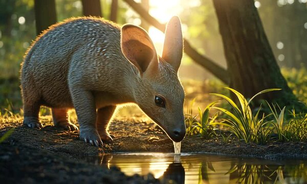 A Close Encounter with an Aardvark in a Serene Forest Setting, Capturing the Beauty of Nature in Soft Morning Light and Reflective Water