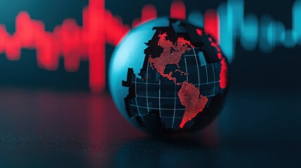 A dark-themed globe with red accents, showcasing the Americas, set against a backdrop of fluctuating audio waveforms.