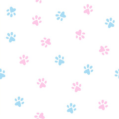 Cat paw texture, blue and pink background, little paws seamless pattern
