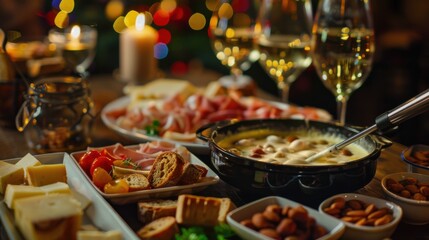 Fototapeta premium A tantalizing cheese fondue spread with an assortment of bread cubes, vegetables