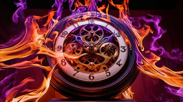 A vintage clock with intricate gears and mechanisms engulfed in vivid orange and purple flames, symbolizing time and chaos. 