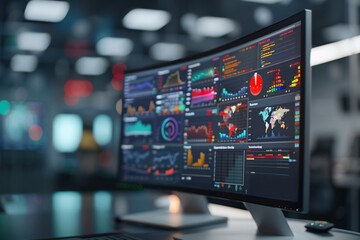 A high-tech monitor displaying various data visualizations and analytics.