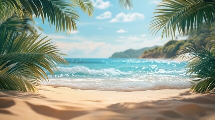 Serene tropical paradise background: white sand beach, turquoise waves, and lush palm trees
