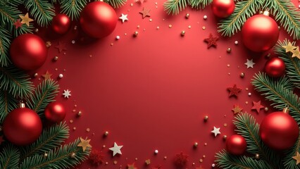 A beautifully arranged display of shiny red ornaments, golden stars, and lush evergreen branches creates a festive atmosphere, perfect for holiday celebrations