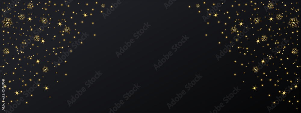 Poster black background with golden snowflakes and stars. glittering vector dust on dark background. goldde