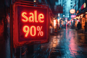 Neon sign with the inscription "sale 90%" against the background of the night city. Sale, store, discounts, shopping