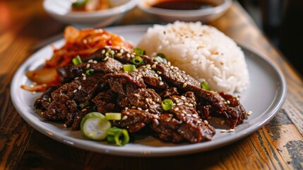 A tantalizing plate of beef bulgogi with marinated slices of beef, served with steamed rice and kimchi