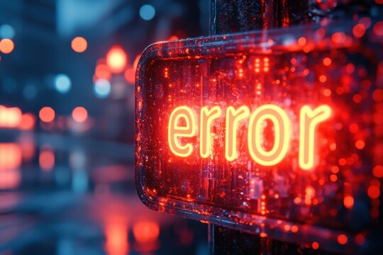 Neon sign with the inscription "error" against the background of the night city. Internet banner, 404