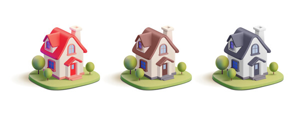 Set of colored 3D houses. With trees and grass. For real estate concepts, a cozy country house. Vector illustration.