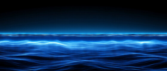 digital ocean with glowing blue waves under dark sky