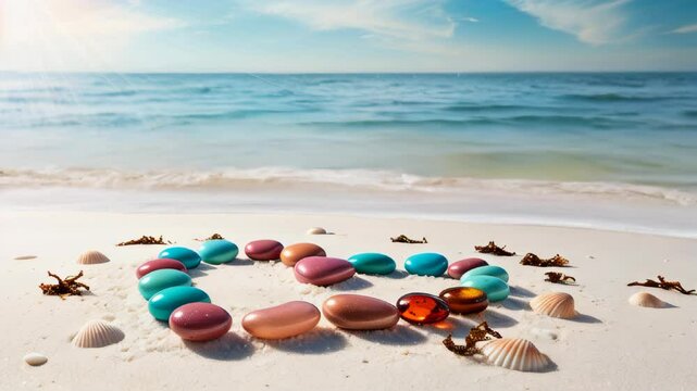 Multicolored polished stones arranged in a circular pattern on a sandy beach near seashells and seaweed, under a bright blue sky. 