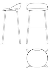 Bar Chair, Bar stool editable vector illustration on white background. chair Line art, clip art, Fancy Chair, Hand-drawn design elements with Front, Side, and Top Views