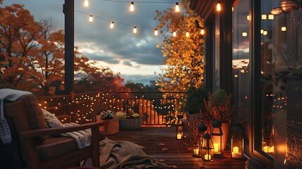 A cozy balcony adorned with lights and autumn foliage, creating a warm atmosphere for relaxation.