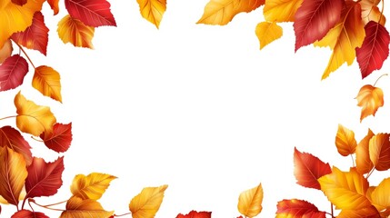 Fototapeta premium Autumn Leaves Border isolated on White. Red, yellow and orange fall leaves with copy space. Fall foliage frame for text. Editable vector illustration