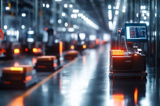 A modern automated checkout system in a high-tech warehouse environment.