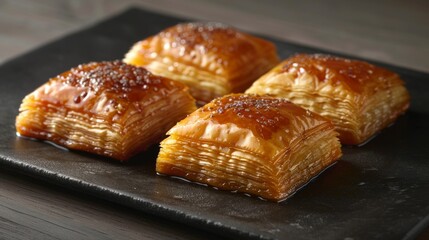 Baklava on slate tile. Traditional Arabic dessert with honey. Delicious Golden Baklava.	

