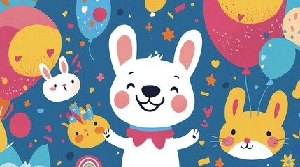 Fototapeta premium Happy Bunny Birthday Party Colorful Balloons,