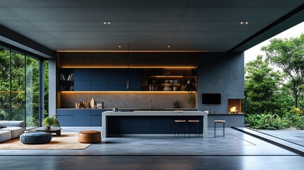 Modern open-plan kitchen with dark blue cabinetry, concrete countertops, and large windows overlooking lush greenery.