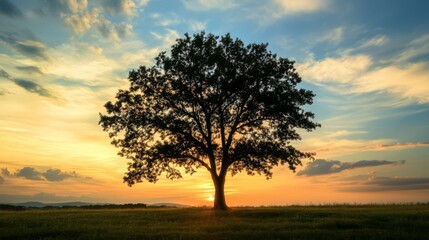 Fototapeta premium Silhouette of a tree against a beautiful sunset sky.