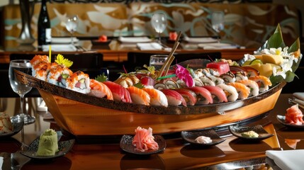 A tantalizing sushi boat filled with an array of nigiri, sashimi