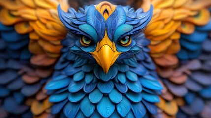 Obraz premium A striking bird of prey highlighted by its vivid blue and orange plumage, fierce eyes, symbolizing power, freedom, and untamed beauty in artistry style.