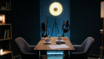 Full zoom-in no people shot of podcast studio ready for filming or broadcasting radio show, with table, microphones, headphones, coffee, water, question plan, with bright yellow lamp