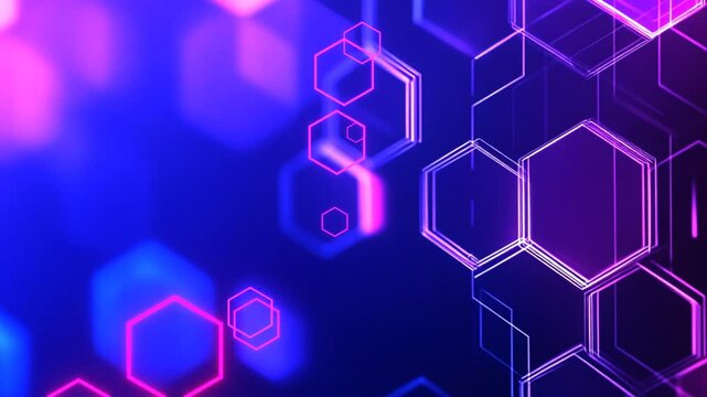 33 seconds of computer 3D generated hexagon shapes flying out and AI generated purple theme hexagonal design pattern on bokeh background, horizontal format HD video, technology 
