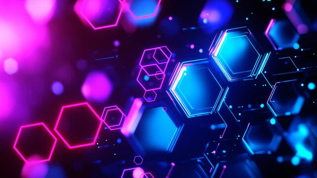 33 seconds of computer 3D generated hexagon shapes flying out and AI generated purple theme hexagonal design pattern on bokeh background, horizontal format HD video, technology 