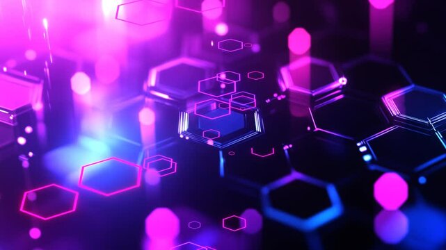 33 seconds of computer 3D generated hexagon shapes flying out and AI generated purple theme hexagonal design pattern on bokeh background, horizontal format HD video, technology 