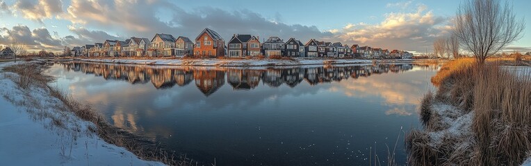 Obraz premium Colorful riverside houses reflected on the water under clear skies in a peaceful town