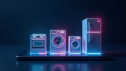 Neon home appliances on the smartphone. The concept of remote control of household appliances.