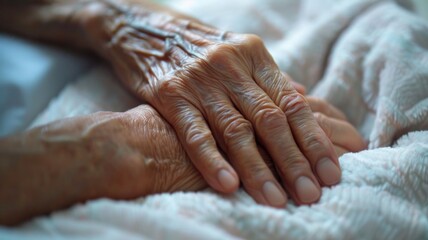 Elderly hands touch on top of the other, symbolizing support and understanding