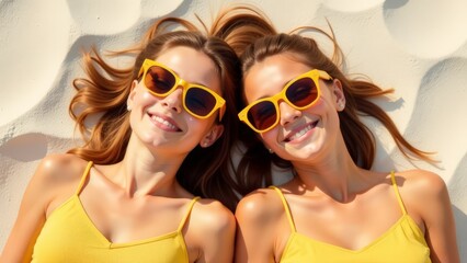 Happy girls lie on the sand, top view.