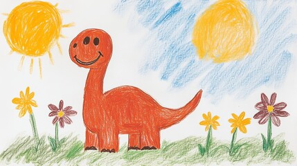 A child;s drawing of a dinosaur with a big friendly smile in a field of flowers under a rainbow.