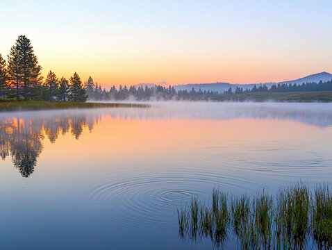 Serene morning on a lake with sunrise colours reflecting on the water and gentle ripples breaking the silence of nature.