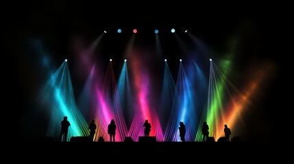 Silhouetted band performing on stage with colorful spotlights.
