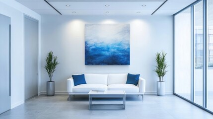 Fototapeta premium Modern Minimalist Lounge with Blue Artwork and White Sofa