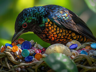 A vibrant bird with iridescent feathers perched by a colourful nest filled with plastic trash.