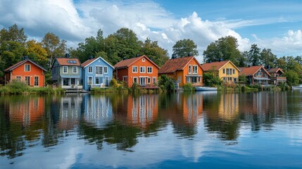 Obraz premium Colorful riverside houses reflected on the water under clear skies in a peaceful town